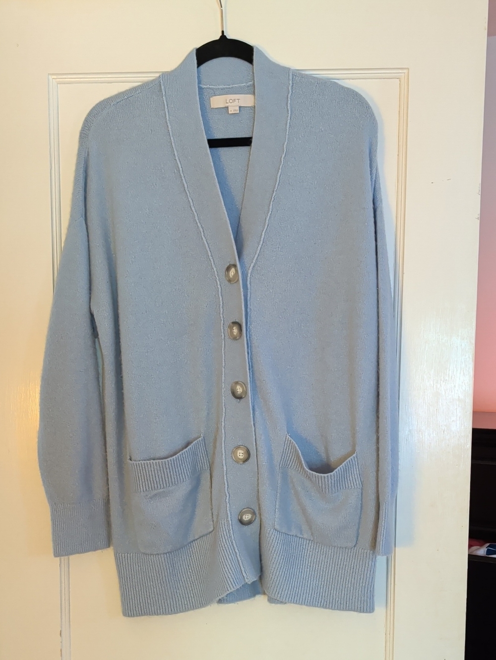LOFT Light Blue Button-Up Cardigan with Patch Pockets, Sz M